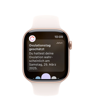 Apple Watch Series 10, wei?es Sportarmband, Vorderansicht, Display-Inhalt: Eisprung, Zyklusverlauf