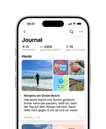 Journal App ge?ffnet mit Journaleintrag für den Tag, Bilder von einem Tag am Strand und Text zu Tr?umen auf einem iPhone