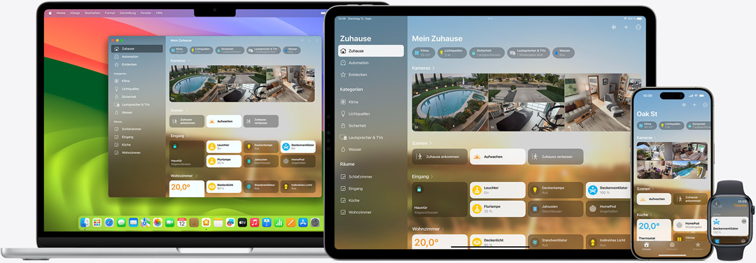 Die Benutzeroberfl?che der Home App wird auf dem Mac, iPad, iPhone und der Apple Watch angezeigt.