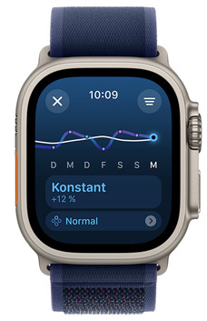 Apple Watch Ultra Display zeigt den Trainingsbelastungstrend ?Unterhalb“ über einen Zeitraum von einer Woche
