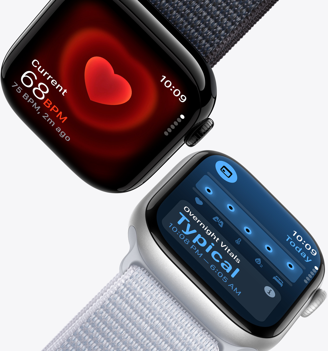 The Heart Rate app showing a current reading of 68 BPM on an Apple?Watch Series?10 and the Vitals app showing typical overnight vitals on an Apple?Watch Series?10.