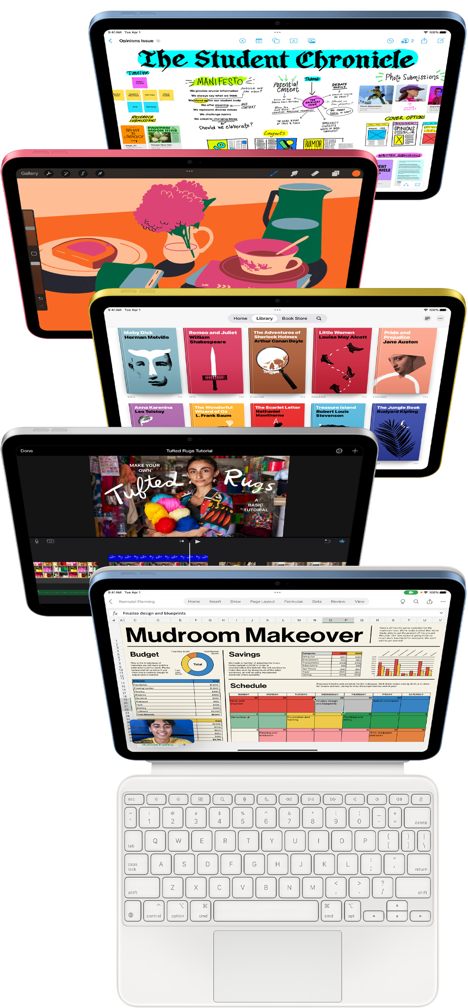 Esiküljega iPadi ekraanid, millel on n?ha mitmeid rakendusi, sealhulgas Freeform, ProCreate, Apple Books, iMovie ning Excel ja Webex Meetings.