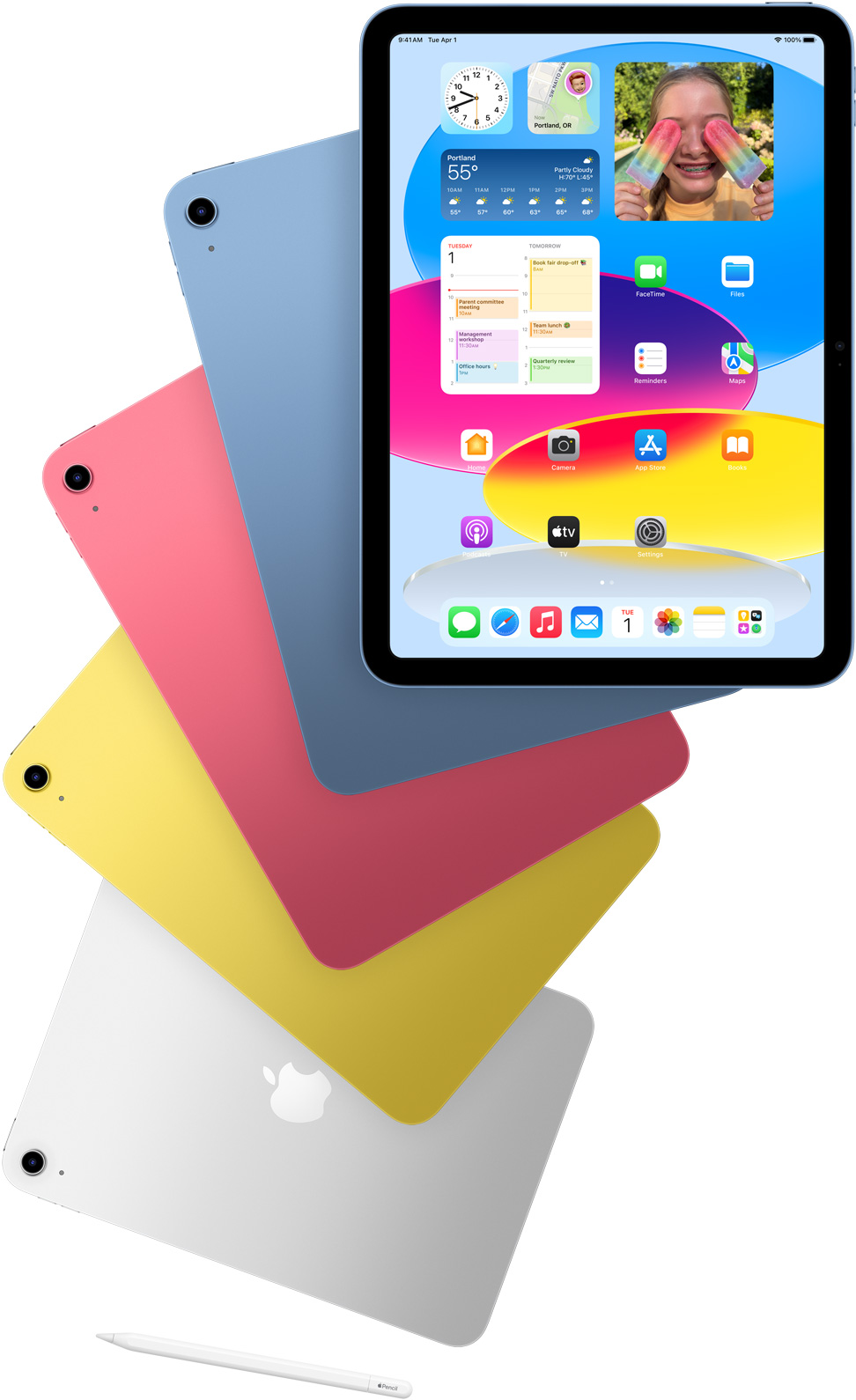iPadi eestvaatel on kuvatud avakuva, mille taga on sinist, roosat, kollast ja h?bedast v?rvi iPadi tagumine külg. Apple Pencil lebab kaunilt paigutatud iPadi mudelite k?rval.
