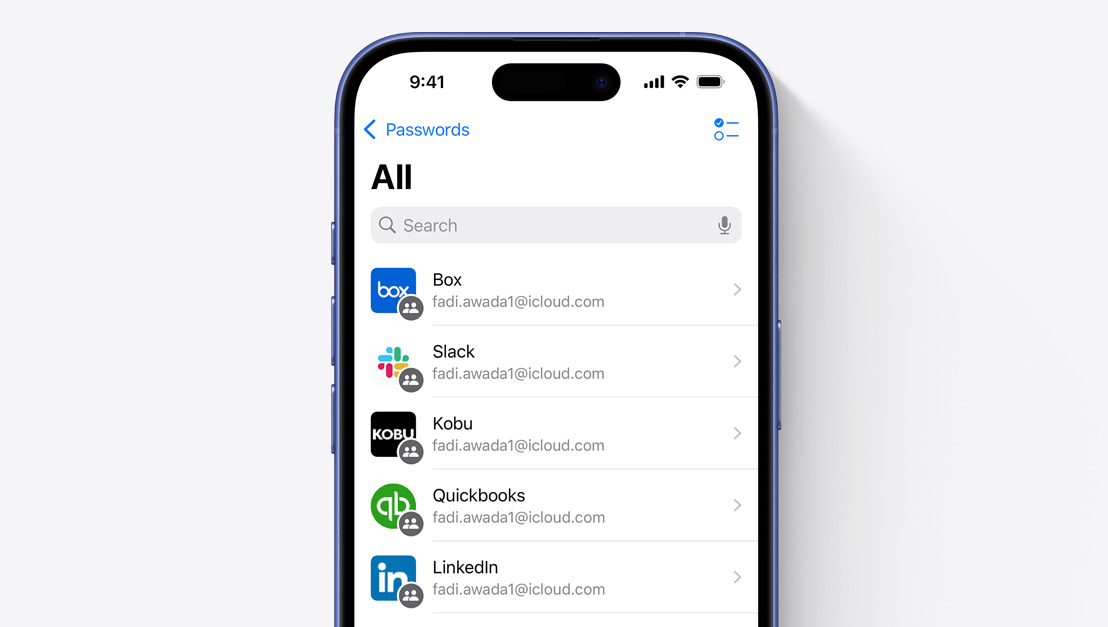 Ekraan, kus n?idatakse iPhone'i rakenduste loendit rakenduses Passwords.