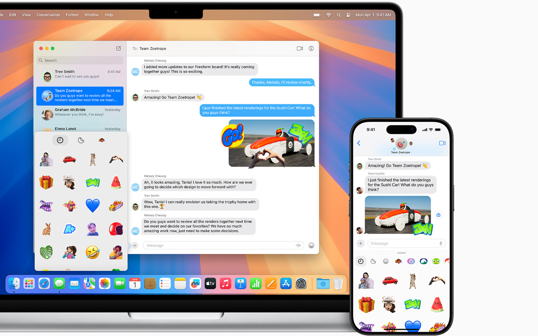 Avatud Maci sülearvuti iPhone'i k?rval, mille ekraanidel kuvatakse rakenduse Messages kasutus samade s?numite ja piltidega.