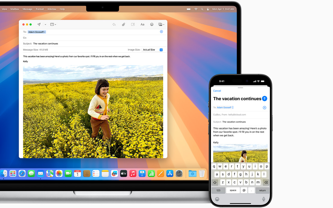 iPhone avatud Maci sülearvuti k?rval, mis n?itab v?imalust alustada meili kirjutamist ühes seadmes ja j?tkata seda teises seadmes.