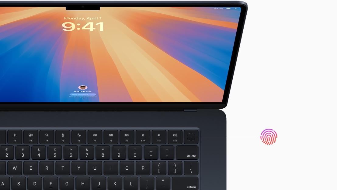 Avatud kosmosemust MacBook?Pro, millel n?idatakse Touch?ID nupu asukohta.