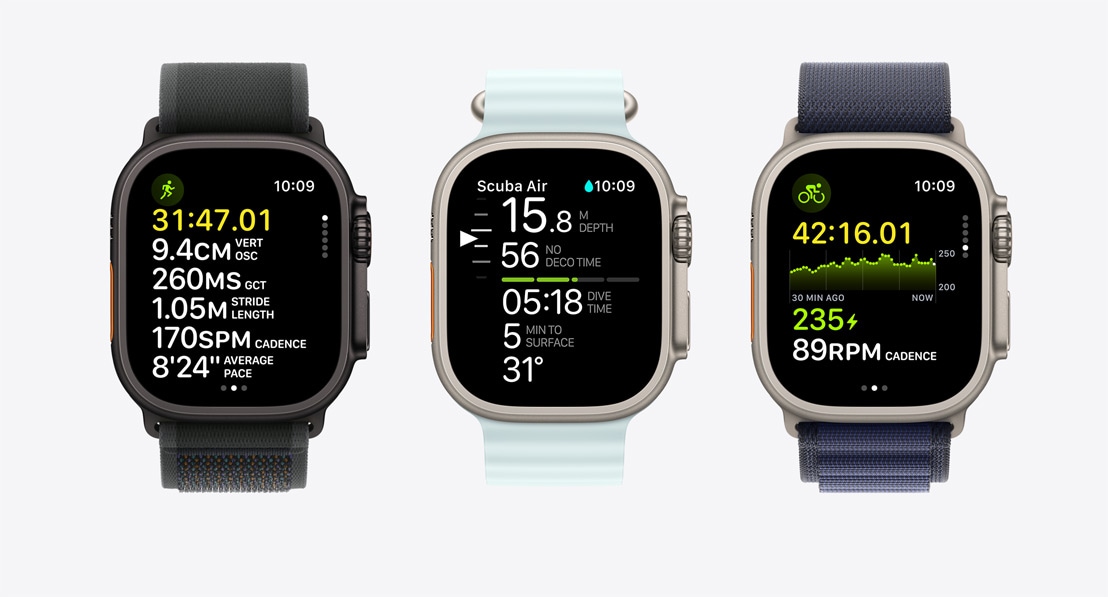 Kolm Apple Watch Ultra 2 mudelit kuvamas treeningu n?itajaid. üks jooksmiseks, teine sukeldumiseks ja kolmas rattaga s?itmiseks.