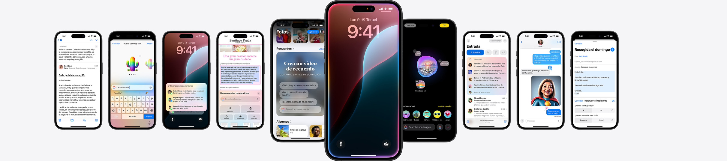 Imagen estática de varios dispositivos iPhone con prestaciones de Apple Intelligence en la pantalla.
