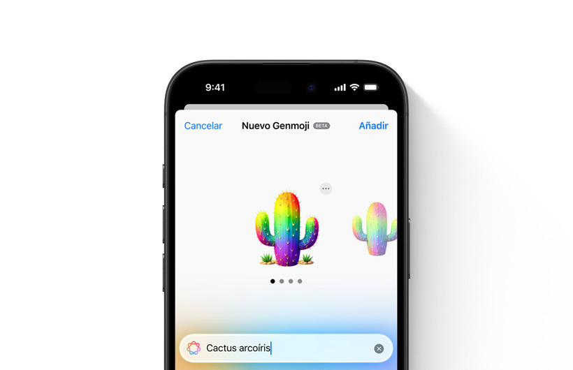Previsualización de un Genmoji personalizado creado a partir de la instrucción ?cactus arcoíris?