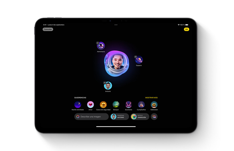 La app Image Playground en un iPad. Alrededor de la imagen personalizada que aparece en el centro se muestran las ideas y las palabras clave que han intervenido en su creación.