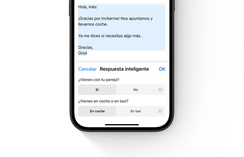 Las opciones de Respuesta Inteligente de la app Mail en un iPhone.