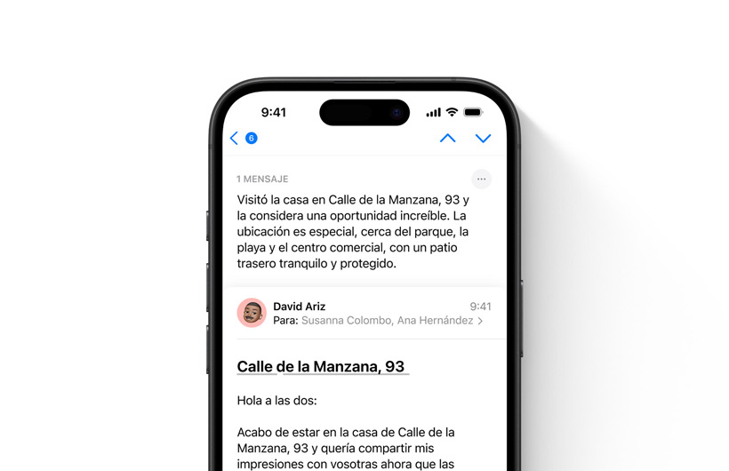 Un correo en la app Mail con un resumen en la parte superior.