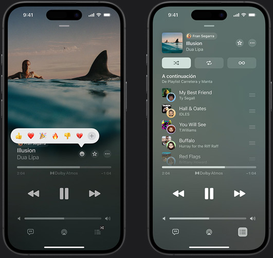 El iPhone de la izquierda muestra ?Illusion? de Dua Lipa en la pantalla y el menú de selección de reacciones con varios emojis; el iPhone de la derecha muestra una lista de reproducción colaborativa llamada ?Playlist Carretera y Manta? con varias canciones a?adidas por otras personas