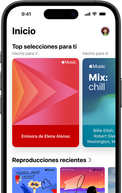 La pesta?a Inicio de Apple Music en un iPhone, con el carrusel Top Selecciones para Ti, en el que se ven las emisoras y listas de reproducción personalizadas de Elena Alonso