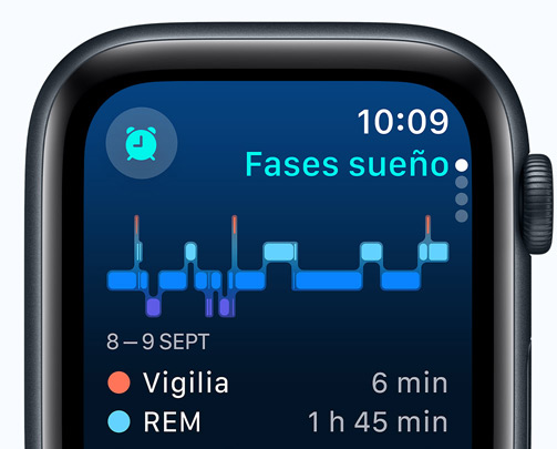 Pantalla de la app Sue?o con las fases del sue?o, los minutos despierto y los minutos en fase REM