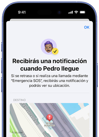 La pantalla de un iPhone muestra una confirmación de que se ha configurado una notificación de Buscar. El texto dice ?Recibirás una notificación cuando Pedro llegue? y en la parte inferior de la pantalla aparece un mapa con la ubicación establecida.