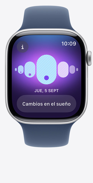 Vista frontal de un Apple Watch Series 10 con la app Control del Ciclo en la pantalla que indica cambios en el sue?o