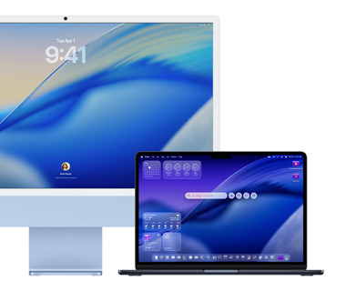 Tre modelli di Mac in fila visti di fronte, a sinistra un MacBook Pro 16 pollici con l’app Telefono che mostra i contatti recenti, al centro un iMac 24 pollici blu con l’onda dello sfondo di macOS Tahoe 26, a destra un MacBook Air 13 pollici con la ricerca Spotlight sulla Scrivania e versioni in Liquid Glass del Dock e di vari widget quali Calendario, Orologio e Meteo
