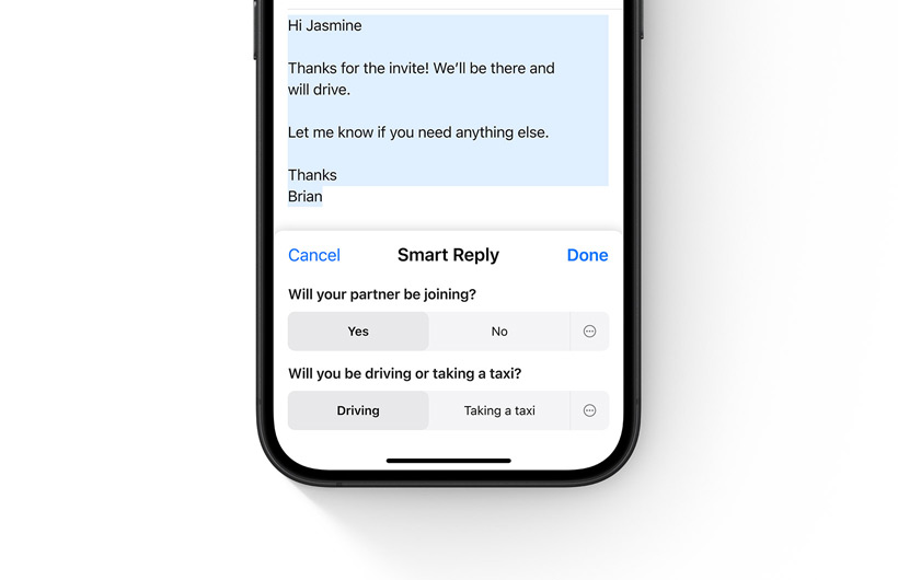 Un iPhone affiche des options de Réponse intelligente dans l’app Mail.