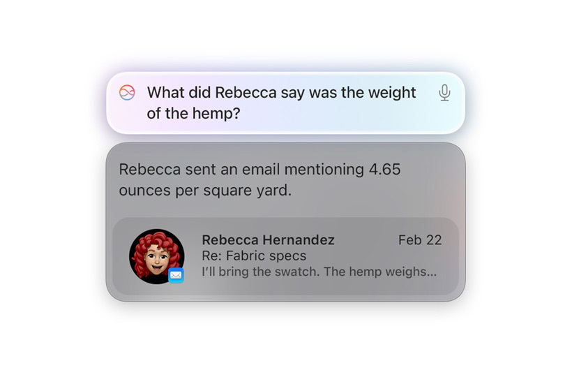 Una interacción con Siri que muestra cómo tiene en cuenta información  guardada en el dispositivo para ofrecer ayuda personalizada.