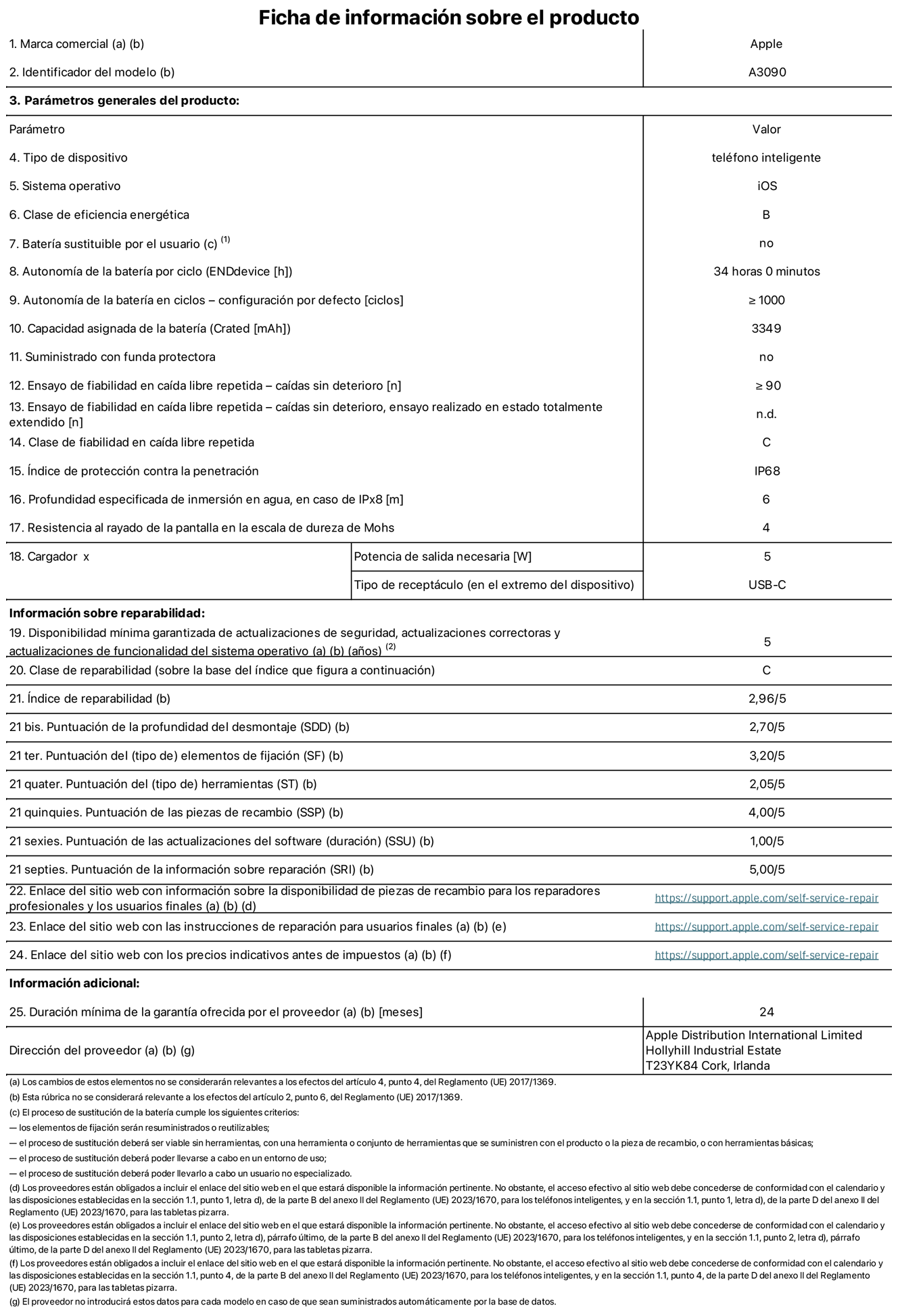  Ficha de información sobre el producto del iPhone 15. Modelo A3090. Suministrado por Apple Distribution International Limited con sede en Hollyhill Industrial Estate, T23 YK84 Cork (Irlanda). Tipo de dispositivo: Teléfono inteligente. Sistema operativo: iOS. Clase de eficiencia energética: B. Batería sustituible por el usuario: No. Autonomía de la batería por ciclo: 34 horas. Autonomía de la batería en ciclos (configuración por defecto): ≥ 1.000. Capacidad asignada de la batería: 3.349 mAh. Suministrado con funda protectora: No. Caídas sin deterioro en ensayo de fiabilidad en caída libre repetida: ≥ 90. Caídas sin deterioro en ensayo de fiabilidad en caída libre repetida realizado en estado totalmente extendido: N. A. Clase de fiabilidad en caída libre repetida: C. índice de protección contra la penetración: IP68. Profundidad especificada de inmersión en agua, en caso de iPx8 (m): 6. Resistencia al rayado de la pantalla en la escala de dureza de Mohs: 4. Potencia de salida necesaria del cargador: 5 W. Tipo de receptáculo (en el extremo del dispositivo): USB-C. Disponibilidad mínima garantizada de actualizaciones de seguridad, correctoras y de funcionalidad del sistema operativo: 5 a?os.	Clase de reparabilidad: C. índice de reparabilidad: 2,96/5. Puntuación de la profundidad del desmontaje (SDD): 2,70/5. Puntuación de los elementos de fijación: 3,20/5. Puntuación de las herramientas: 2,05/5. Puntuación de las piezas de recambio: 4/5. Puntuación de las actualizaciones de software: 1/5. Puntuación de la información sobre reparación: 5/5. Enlace del sitio web con información sobre la disponibilidad de piezas de recambio para reparadores profesionales y usuarios finales: https://support.apple.com/self-service-repair. Enlace del sitio web con las instrucciones de reparación para usuarios finales: https://support.apple.com/self-service-repair. Enlace del sitio web con los precios indicativos antes de impuestos: https://support.apple.com/self-service-repair. Se ofrece una garantía general de 24 meses.