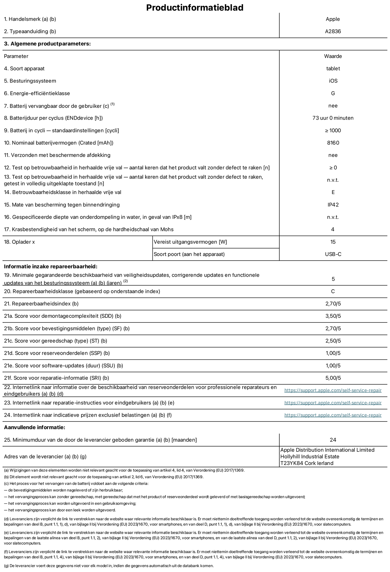 Productinformatieblad voor 11-inch iPad Pro Wi-Fi, model A2836. Verstrekt door Apple Distribution International Limited, Hollyhill Industrial Estate. Cork, Ierland T23 YK84. Type device: tablet. Besturingssysteem: iOS. Energie-effici?ntieklasse: G. Batterij door de gebruiker te vervangen: nee. Batterijduur: 73 uur. Batterijduur in cycli: ≥ 1000. Nominale batterijcapaciteit: 8160 mAh. Herhaalde betrouwbaarheidstest voor vrije val, valt zonder defect: ≥ 0. Herhaalde vrije val betrouwbaarheidsklasse: E. Beschermingsklasse: IP42. Krasbestendigheid van het scherm op de hardheidsschaal van Mohs: 4. Vereist uitgangsvermogen van de oplader: 15 W. Type opladeraansluiting: USB-C. Minimale gegarandeerde beschikbaarheid van beveiligingsupdates van het besturingssysteem, corrigerende updates en functionaliteitsupdates: 5 jaar. Herstelbaarheidsklasse: C. Herstelbaarheidsindex: 2,70/5. Score demontagediepte: 3,50/5. Score sluitingen: 2,70/5. Gereedschapsscore: 2,50/5. Reservedeelscore: 1,00/5. Score software-updates: 1,00/5. Score reparatiegegevens: 5,00/5. Weblink naar informatie over de beschikbaarheid van reserveonderdelen voor professionele reparaties en eindgebruikers: https://support.apple.com/self-service-repair. Weblink voor reparatie-instructies voor eindgebruikers: https://support.apple.com/self-service-repair. Weblink naar indicatieve prijzen vóór belasting: https://support.apple.com/self-service-repair. Inclusief 24 maanden algemene garantie.