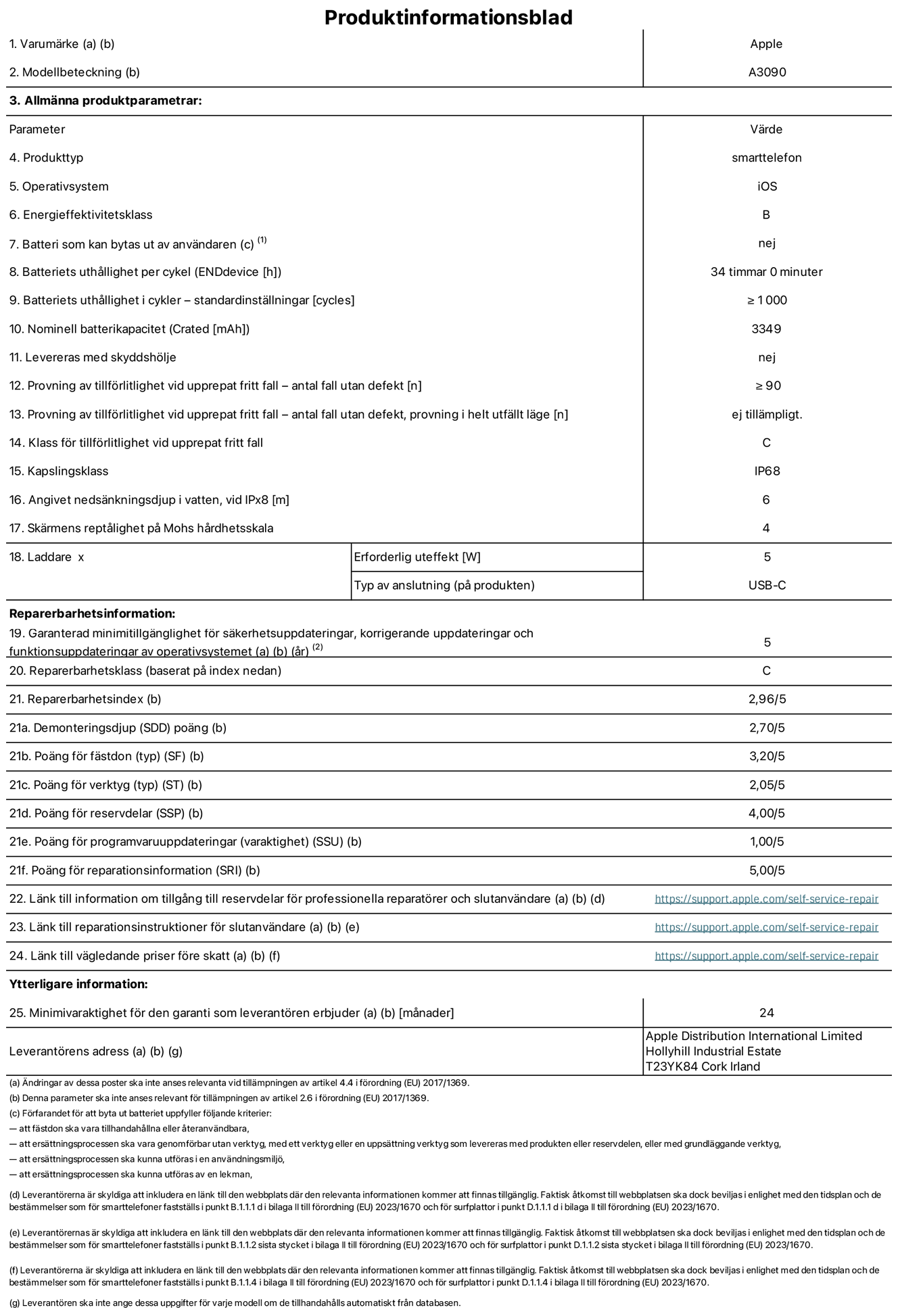 Produktinformationsblad f?r iPhone 15, modell A3090. Tillhandah?lls av Apple Distribution International Limited, Hollyhill Industrial Estate. Cork, Irland T23 YK84. Enhetstyp: smartphone. Operativsystem: iOS. Energieffektivitetsklass: B. Batteri som kan bytas ut av anv?ndaren: nej. Batteritid per laddningscykel: 34 timmar. Batteriets livsl?ngd i antal cykler – standardinst?llningar: ≥ 1000. Nominell batterikapacitet: 3349 mAh. Levereras med skyddsfodral: nej. Tillf?rlitlighetstest vid upprepat fritt fall – antal fall utan defekter: ≥ 90. Tillf?rlitlighetstest vid upprepat fritt fall – antal fall utan defekter testat i helt utf?llt l?ge: ej till?mpligt. Tillf?rlitlighet vid upprepat fritt fall: klass C. IP-klass: IP68. Angivet neds?nkningsdjup vid iPx8: 6. Sk?rmens rept?lighet enligt Mohs h?rdhetsskala: 4. Laddare – uteffekt som kr?vs: 5 W. Typ av uttag p? laddaren: usb-c. Garanterad minimiperiod f?r tillg?ng till s?kerhetsuppdateringar, korrigerande uppdateringar och funktionsuppdateringar av operativsystemet: 5 ?r. Reparerbarhetsklass: C. Reparerbarhetsindex: 2,96/5. Po?ng f?r demonteringsdjup (SDD): 2,70/5. Po?ng f?r f?sten: 3,20/5. Po?ng f?r verktyg: 2,05/5. Po?ng f?r reservdelar: 4,00/5. Po?ng f?r mjukvaruuppdateringar: 1,00/5. Po?ng f?r reparationsinformation: 5,00/5. L?nk till information om tillg?ngliga reservdelar f?r professionella reparat?rer och slutanv?ndare: https://support.apple.com/self-service-repair. L?nk till reparationsanvisningar f?r slutanv?ndare: https://support.apple.com/self-service-repair. L?nk till v?gledande priser f?re skatt: https://support.apple.com/self-service-repair. Produkten omfattas av 24 m?naders garanti.