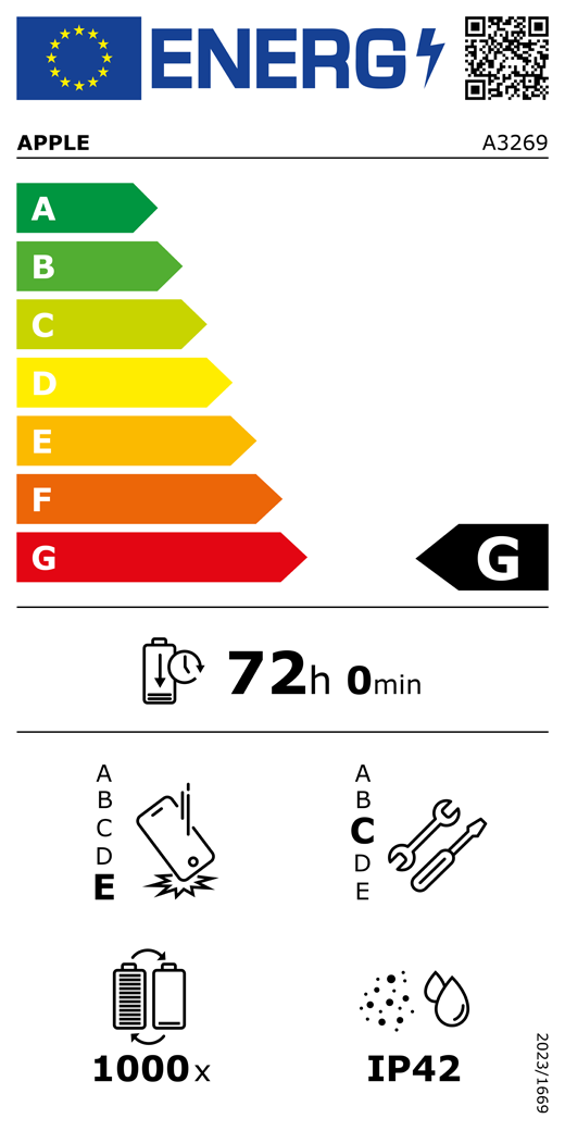 EUs energimerking, QR-kode og informasjon, Apple-modell A3269, klasse G, energieffektivitetsklasser (p? en skala fra A til G), fra A (mest effektiv) til G (minst effektiv), batteritid per syklus, 72 timer og 0 minutter per fullading, holdbarhetsklasse E ved gjentatt fritt fall, fra A (mest holdbar) til E (minst holdbar), reparerbarhetsklasse C, fra A (mest reparerbar) til E (minst reparerbar), 1000 batterisykluser, st?v- og vannbestandig med en rangering p? IP42, forordning 2023/1669