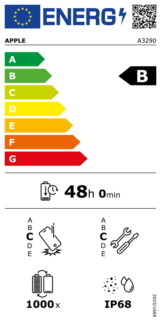 EUs energimerking, QR-kode og informasjon, Apple-modell A3290, klasse B, energieffektivitetsklasser (p? en skala fra A til G), fra A (mest effektiv) til G (minst effektiv), batteritid per syklus, 48 timer og 0 minutter per fullading, holdbarhetsklasse C ved gjentatt fritt fall, fra A (mest holdbar) til E (minst holdbar), reparerbarhetsklasse C, fra A (mest reparerbar) til E (minst reparerbar), 1000 batterisykluser, st?v- og vannbestandig med en rangering p? IP68, forordning 2023/1669.