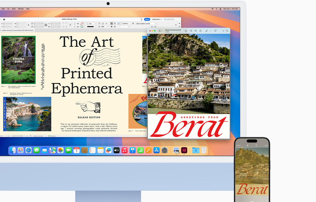 Un iMac bleu à c?té duquel se trouve un iPhone, affichant tous deux un document illustré via la fonctionnalité Handoff.