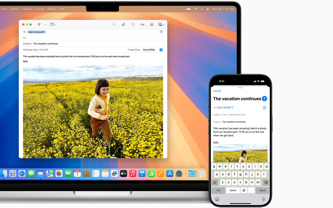 Ein iPhone neben einem ge?ffneten Mac Laptop zeigt, wie eine Mail auf einem Ger?t begonnen und auf dem anderen fertiggestellt werden kann.