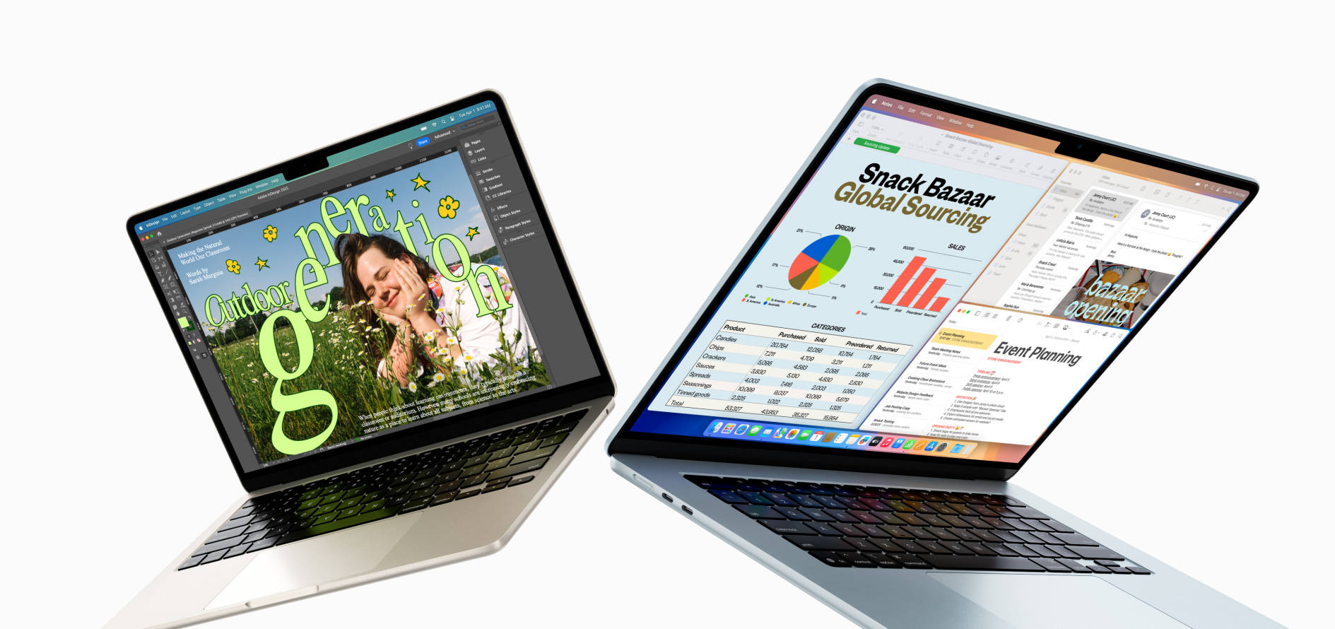 MacBook Air 13 pouces et 15 pouces partiellement ouverts — l’un des écrans montre une tache de design en cours, l’autre montre le mode multitache avec l’utilisation de la messagerie et de feuilles de calcul