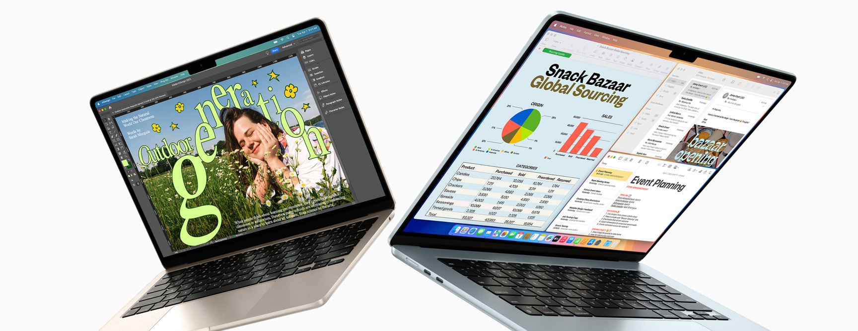 MacBook Air 13 pouces et 15 pouces partiellement ouverts — l’un des écrans montre une tache de design en cours, l’autre montre le mode multitache avec l’utilisation de la messagerie et de feuilles de calcul