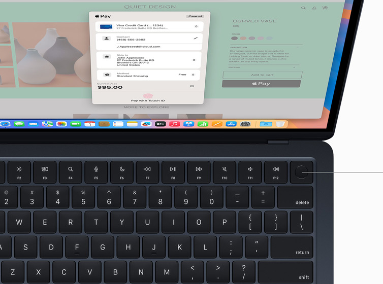 MacBook Air showing user authorizing payment for online shopping purchase using Touch ID