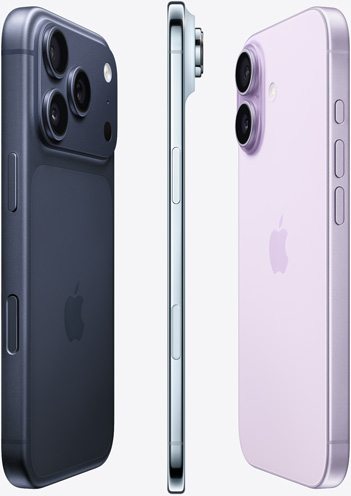 The camera-side of iPhone 17 Pro in Deep Blue, side profile of iPhone Air in Sky Blue and back side of iPhone 17 in Lavender spread out in a fan pattern