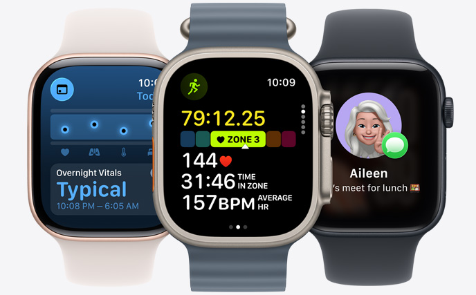 Kolme Apple Watch ?mallia, keskell? luonnontitaaninen kuori ja musta ranneke, kellotaulussa n?kyy juoksun edistyminen syketiedoilla, oikealla peilimusta kuori ja akvamariini ranneke, kellotaulussa n?kyy Elintoiminnot-appi, vasemmalla t?htivalkea kuori ja mandariininoranssi ranneke, kellotaulussa n?kyy genmoji