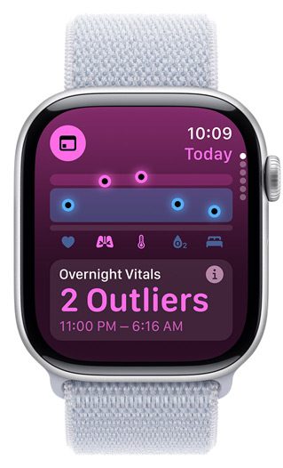 Apple Watch-sk?rm som visar nattens vitalparametrar med tv? avvikande v?rden