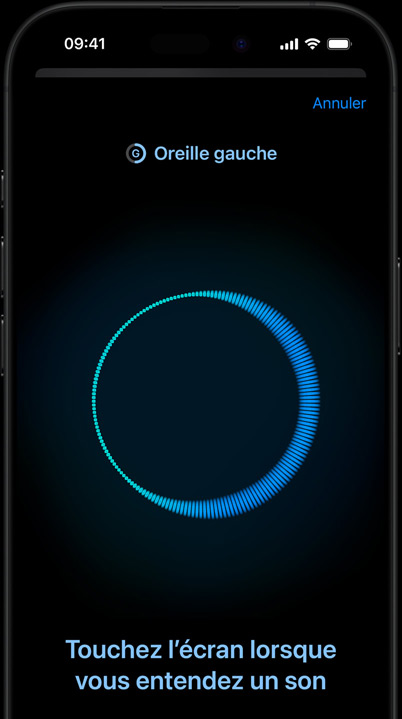 iPhone affichant un Test d’audition en cours