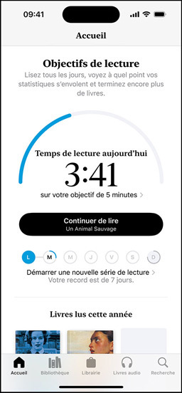 écran d’iPhone montrant l’interface Objectifs de lecture dans l’app Livres. En haut, il y a un anneau de progression. Sous l’anneau de progression se trouve le suivi hebdomadaire du record de lecture. En bas se trouve la section Livres lus cette année, qui comprend une rangée de deux livres, avec un emplacement vide pour un troisième