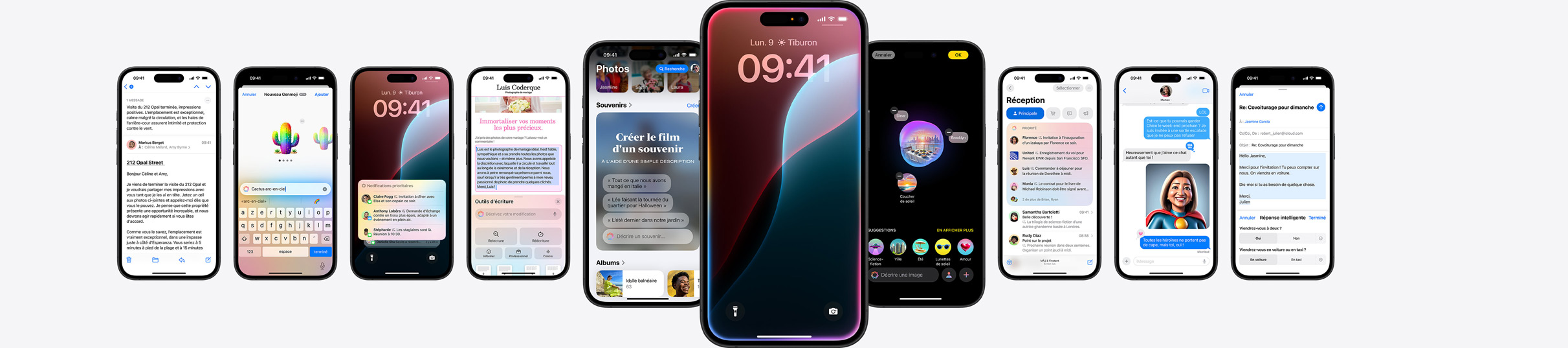 Image de plusieurs iPhone affichant des fonctionnalités d’Apple Intelligence.