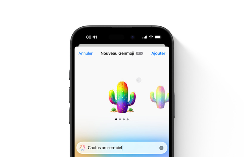 Aper?u d’un Genmoji personnalisé d’après le prompt ? cactus arc-en-ciel ?