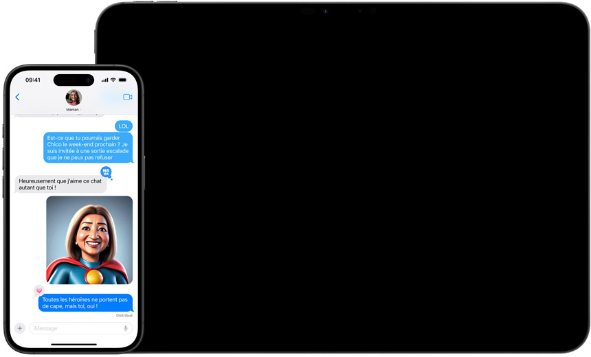  L’app Message affiche des images personnalisées et un iPad affiche la fonctionnalité Baguette graphique dans Notes.