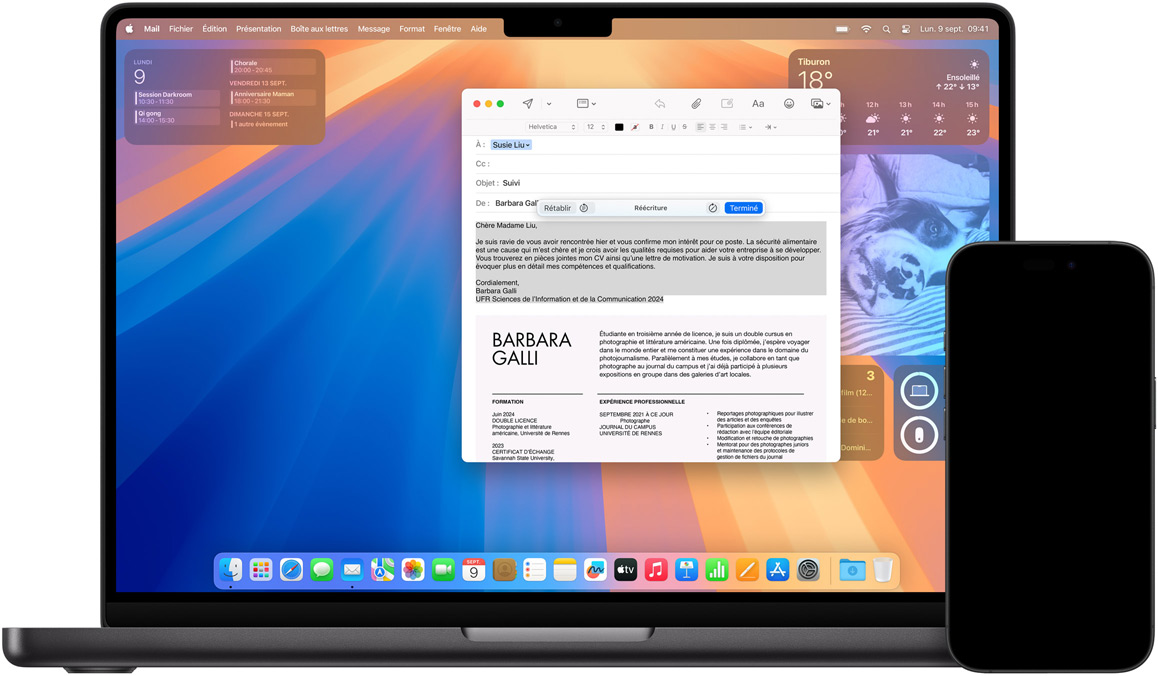 Un iPhone et un Mac affichant des outils d’écriture