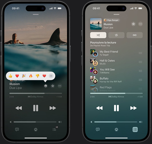 iPhone sur la gauche montrant le titre ? Don’t Do Me Good ? de Madi Diaz et Kacey Musgraves en cours de lecture sur l’écran avec un emoji de réaction affichant les options pouce levé, c?ur, célébrer, pouce baissé ou ajouter une autre réaction. iPhone sur la droite montrant une playlist collaborative intitulée Road trip contenant plusieurs morceaux ajoutés par différentes personnes