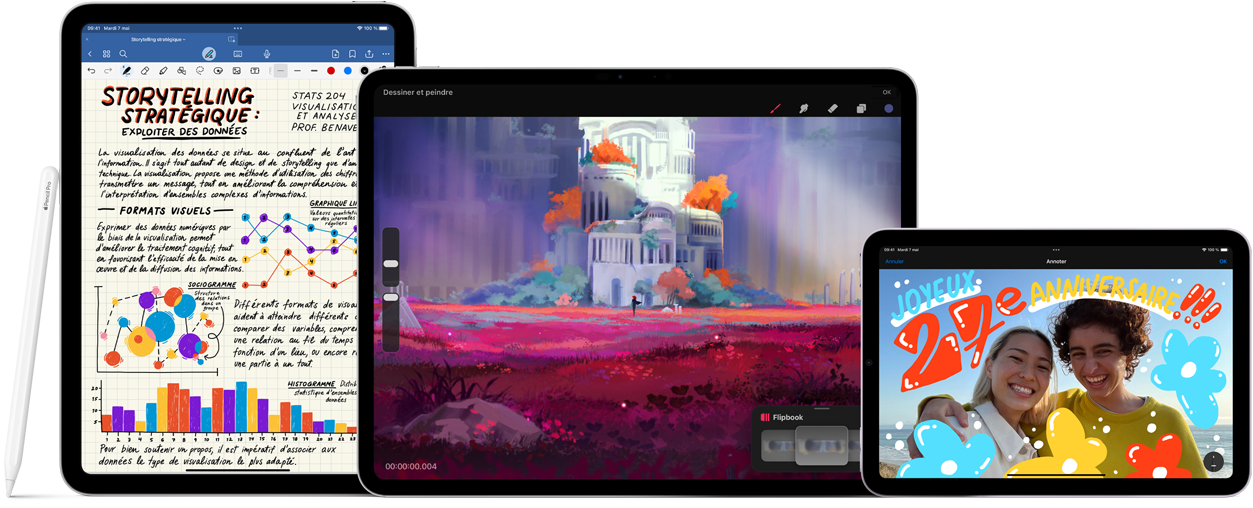 Image d’un iPad Pro en mode paysage qui affiche un dessin coloré. Sur la gauche, un iPad en mode portrait affiche des notes manuscrites, avec un Apple Pencil Pro incliné sur le c?té. Sur la droite, un iPad mini en mode paysage affiche une photo avec des illustrations faites à la main. Un Apple Pencil USB?C est posé à l’horizontale devant l’iPad Pro et l’iPad mini.