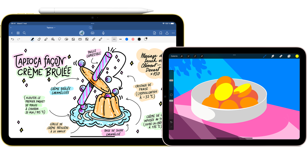 Sur la gauche, un iPad en mode paysage affiche un dessin avec des notes manuscrites. Un Apple Pencil USB?C est fixé au sommet. Sur la droite, un iPad mini en mode paysage affiche une illustration colorée réalisée avec Procreate.