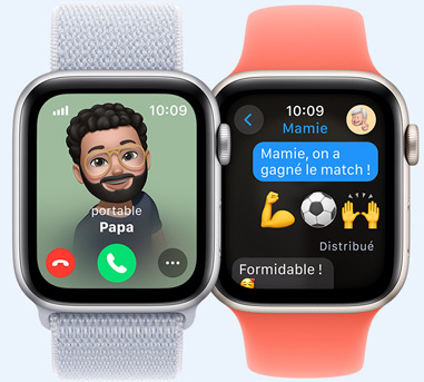 Deux Apple Watch. Une avec un Memoji de Papa qui appelle. L’autre avec un SMS pour Mamie qui dit ? Mamie, on a gagné le match ! ?{