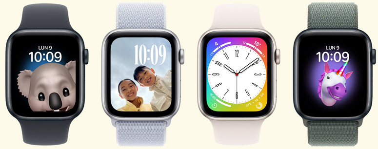 Plusieurs Apple Watch affichant des cadrans ludiques et dr?les.