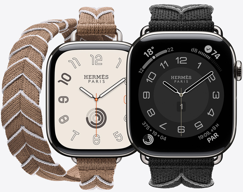 Vue de face des bracelets en tricot continu Double Tour Bridon Attelage et Simple Tour Bridon en Beige de Weimar/Blanc (beige/blanc) et Noir/Gris (noir/gris) avec le cadran Hermès Radial et le cadran Hermès Circulaire.